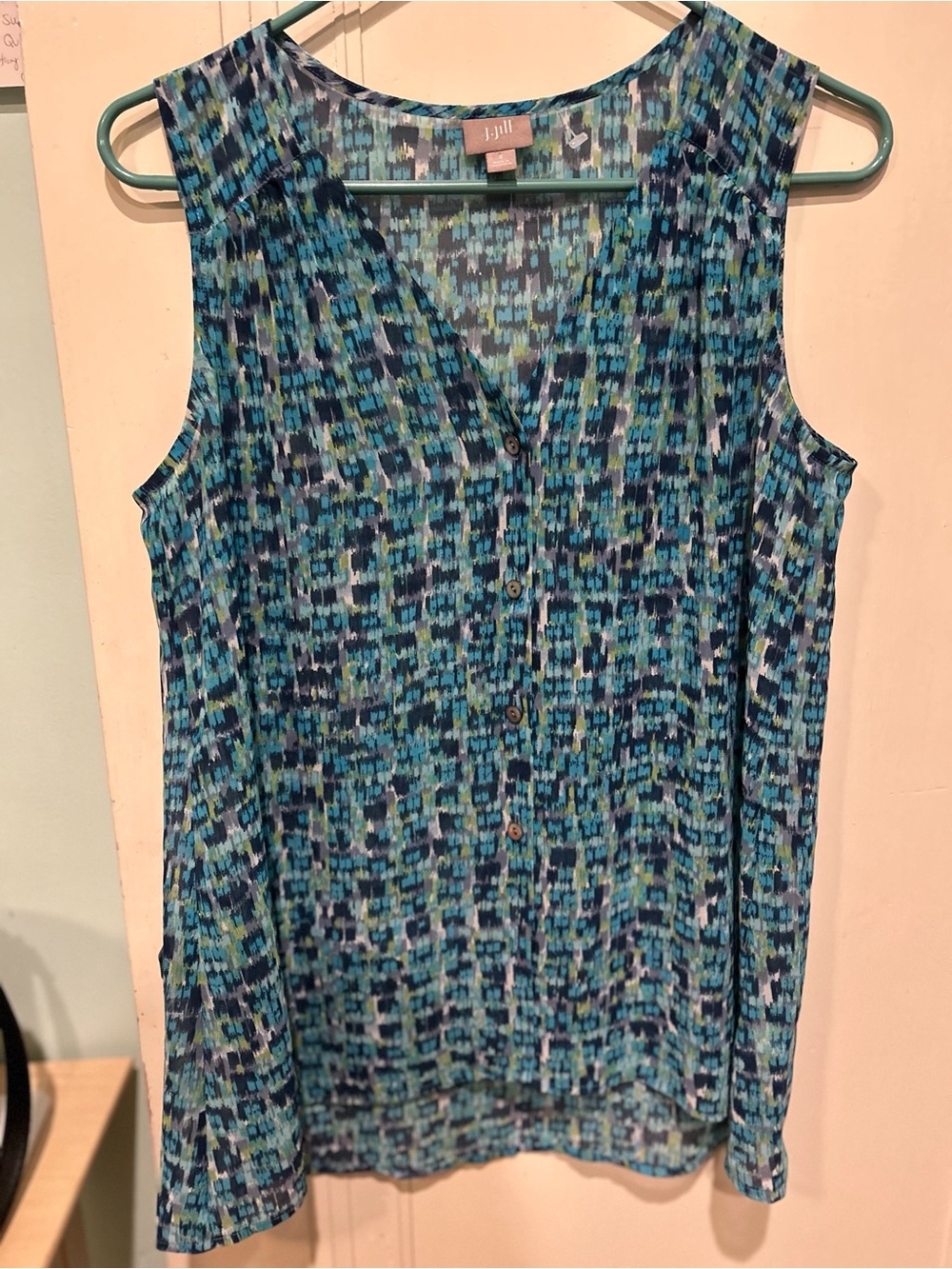 J. Jill Teal Mosaic Print Sleeveless Button-Front Camisole